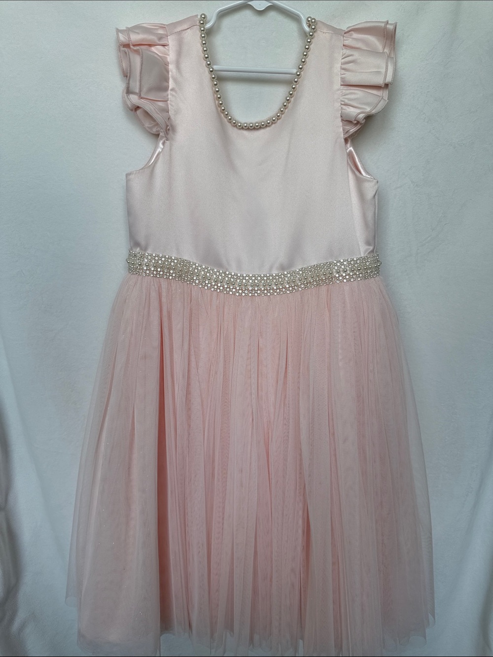 Girls Pearl-Trim Light Pink Tulle Party Dress